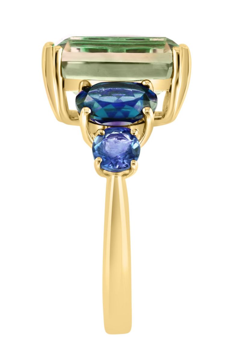 Green Amethyst and London Blue Topaz Ring in 14K Yellow Gold