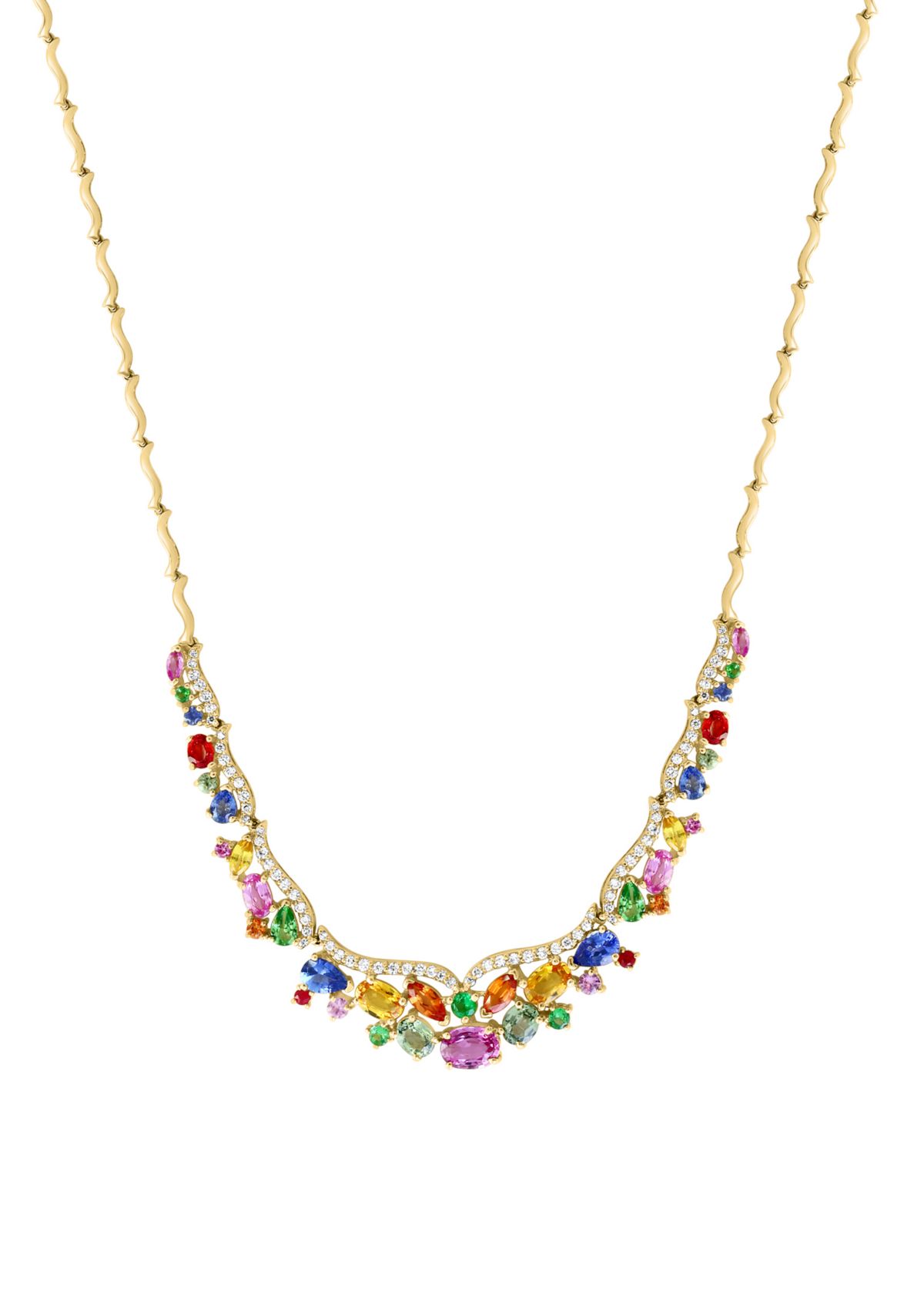 7.9 ct. t.w. Multi Sapphire, Tsavorite, 5/8 ct. t.w. Diamond Multi Layered Necklace in 14K Yellow Gold