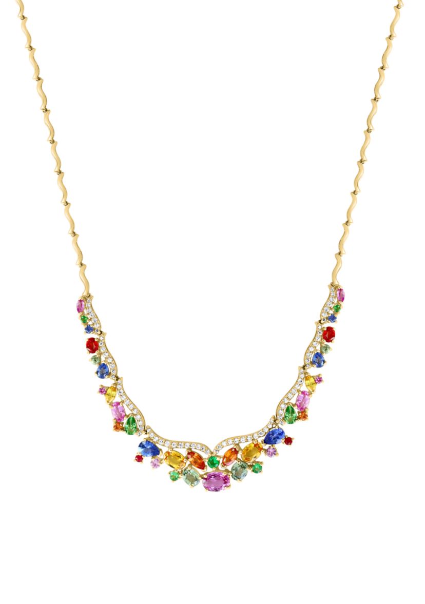 7.9 ct. t.w. Multi Sapphire, Tsavorite, 5/8 ct. t.w. Diamond Multi Layered Necklace in 14K Yellow Gold