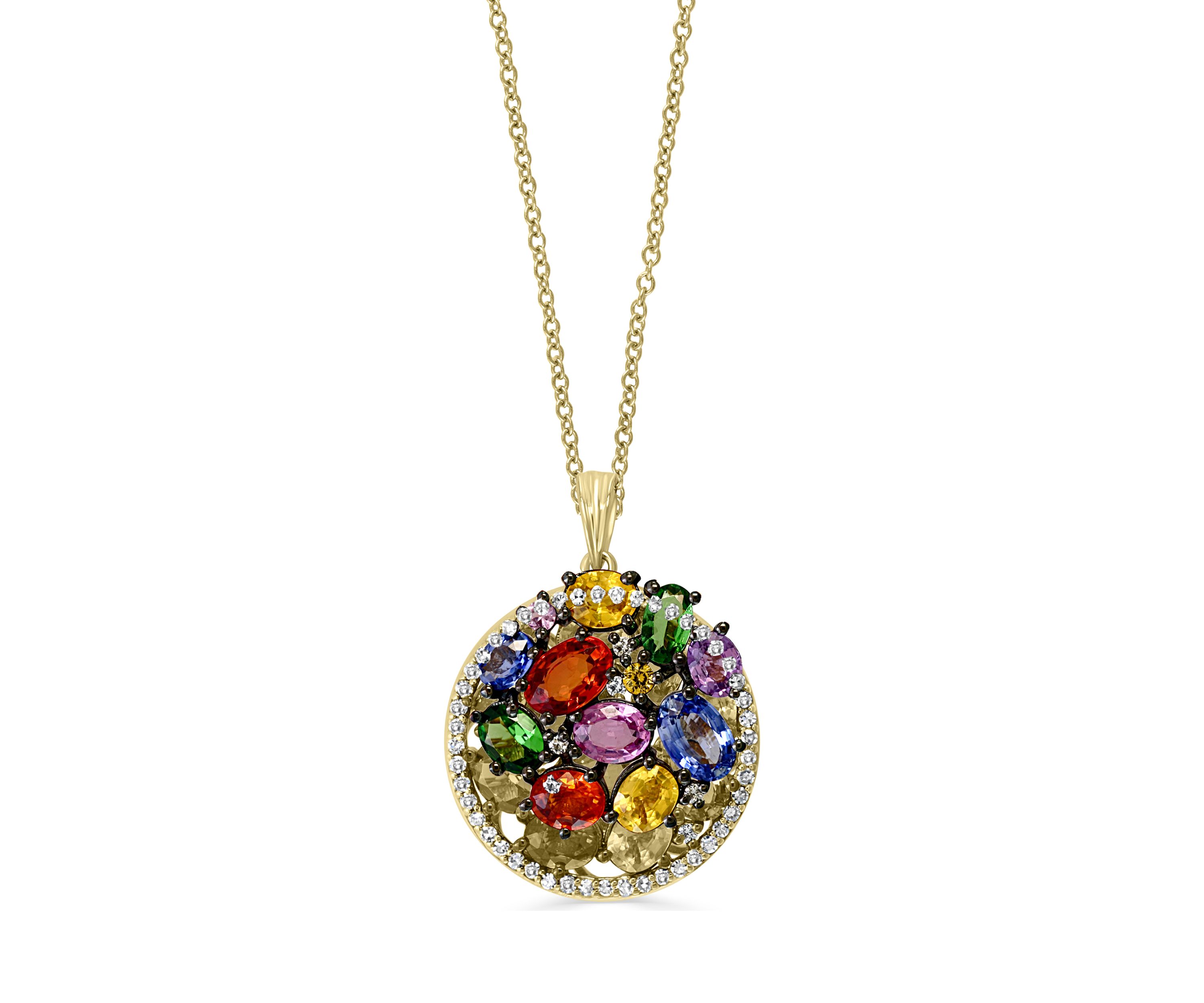1/4 ct. t.w. Diamond and 3.52 ct. t.w. Sapphire, Orange Sapphire, Pink Sapphire, Purple Sapphire, Tsavorite, Yellow Sapphire Pendant Necklace in 14K Yellow Gold