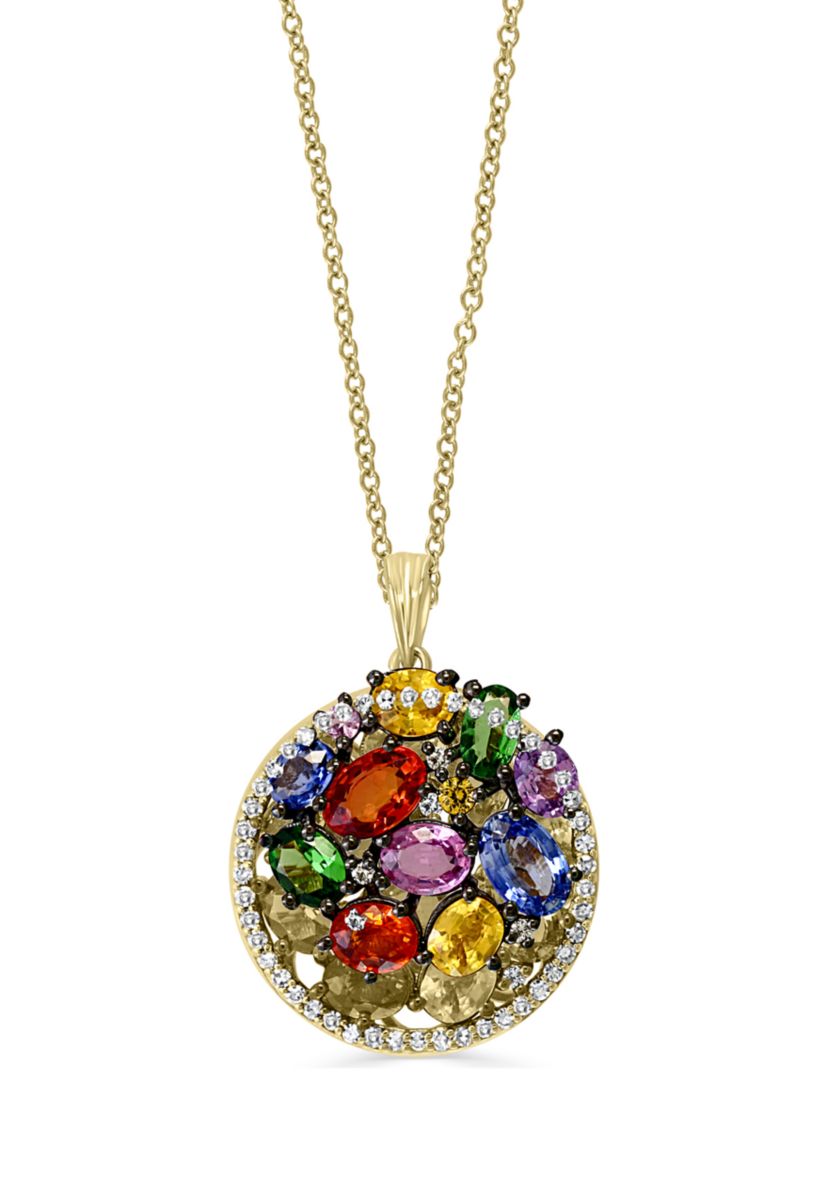 1/4 ct. t.w. Diamond and 3.52 ct. t.w. Sapphire, Orange Sapphire, Pink Sapphire, Purple Sapphire, Tsavorite, Yellow Sapphire Pendant Necklace in 14K Yellow Gold