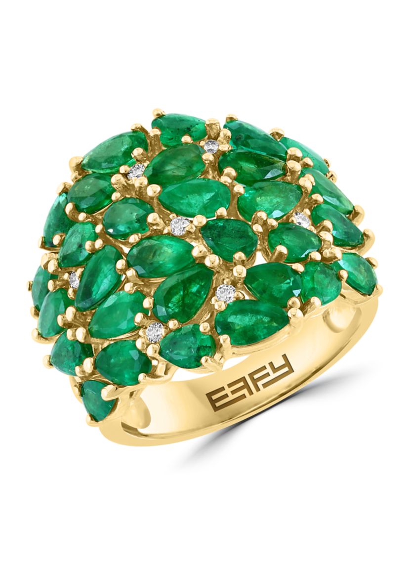 1/10 ct. t.w.  Diamond, Natural Emerald Ring in 14K Yellow Gold 