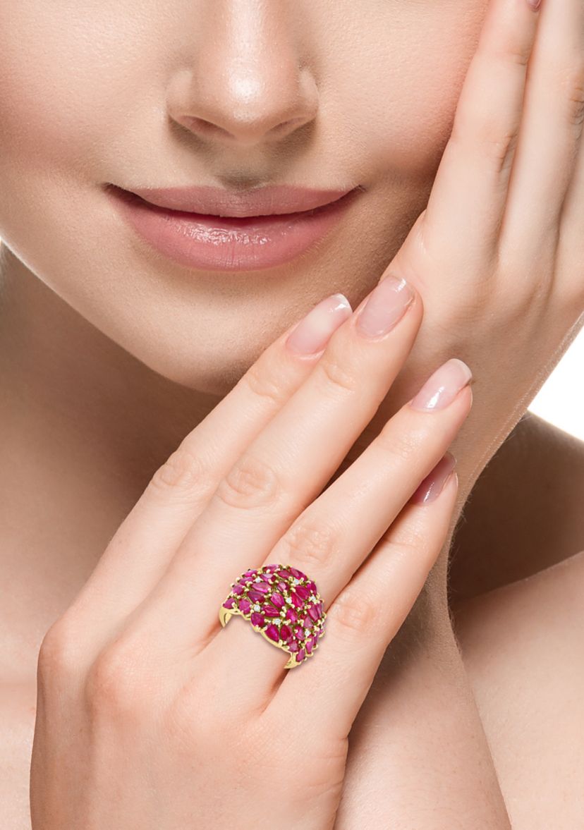 1/10 ct. t.w. Diamond, Natural Ruby Ring in 14K Yellow Gold 
