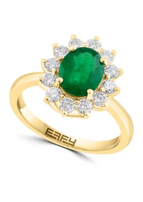 Effy 3/4 Ct. T.w. Diamond, Natural Emerald Flower Ring In 14K Yellow Gold, 7 -  0191120751214