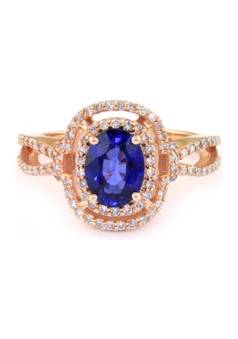 14k Rose Gold Diamond and Natural Diffused Ceylon Sapphire Ring