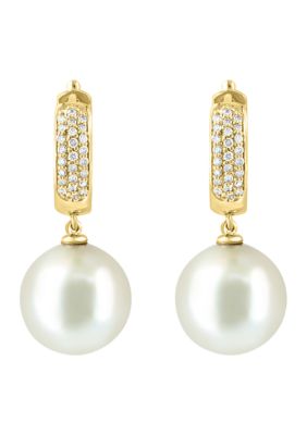 Effy 3/8 Ct. T.w. Diamond And 14.5 Millimeter Freshwater Pearl Earrings In 14K Yellow Gold