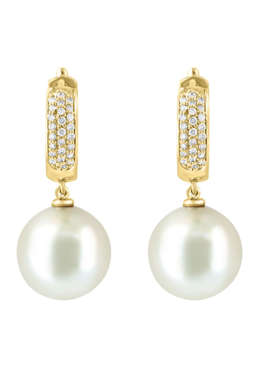 3/8 ct. t.w. Diamond and 14.5 Millimeter Freshwater Pearl Earrings in 14K Yellow Gold