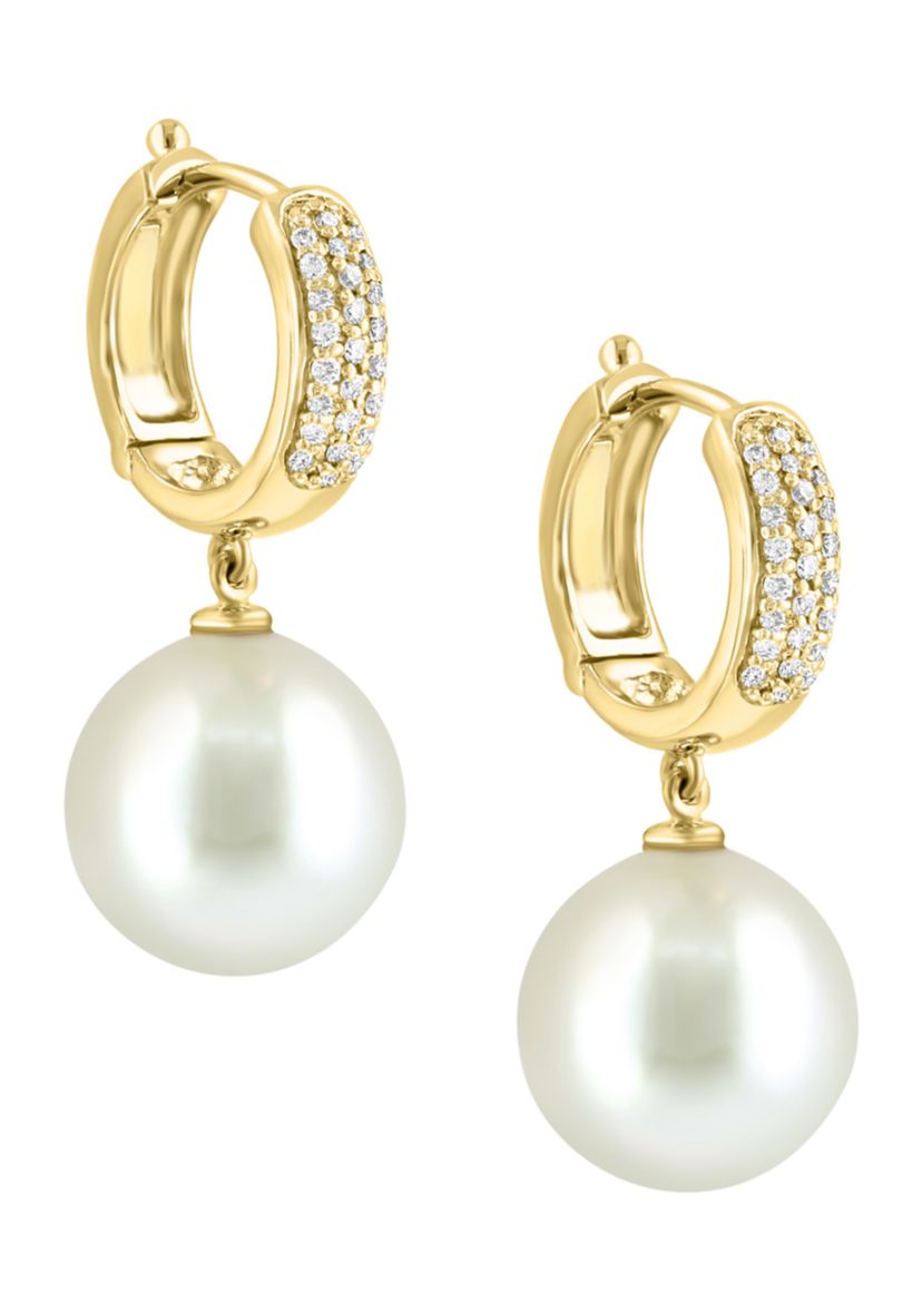 3/8 ct. t.w. Diamond and 14.5 Millimeter Freshwater Pearl Earrings in 14K Yellow Gold