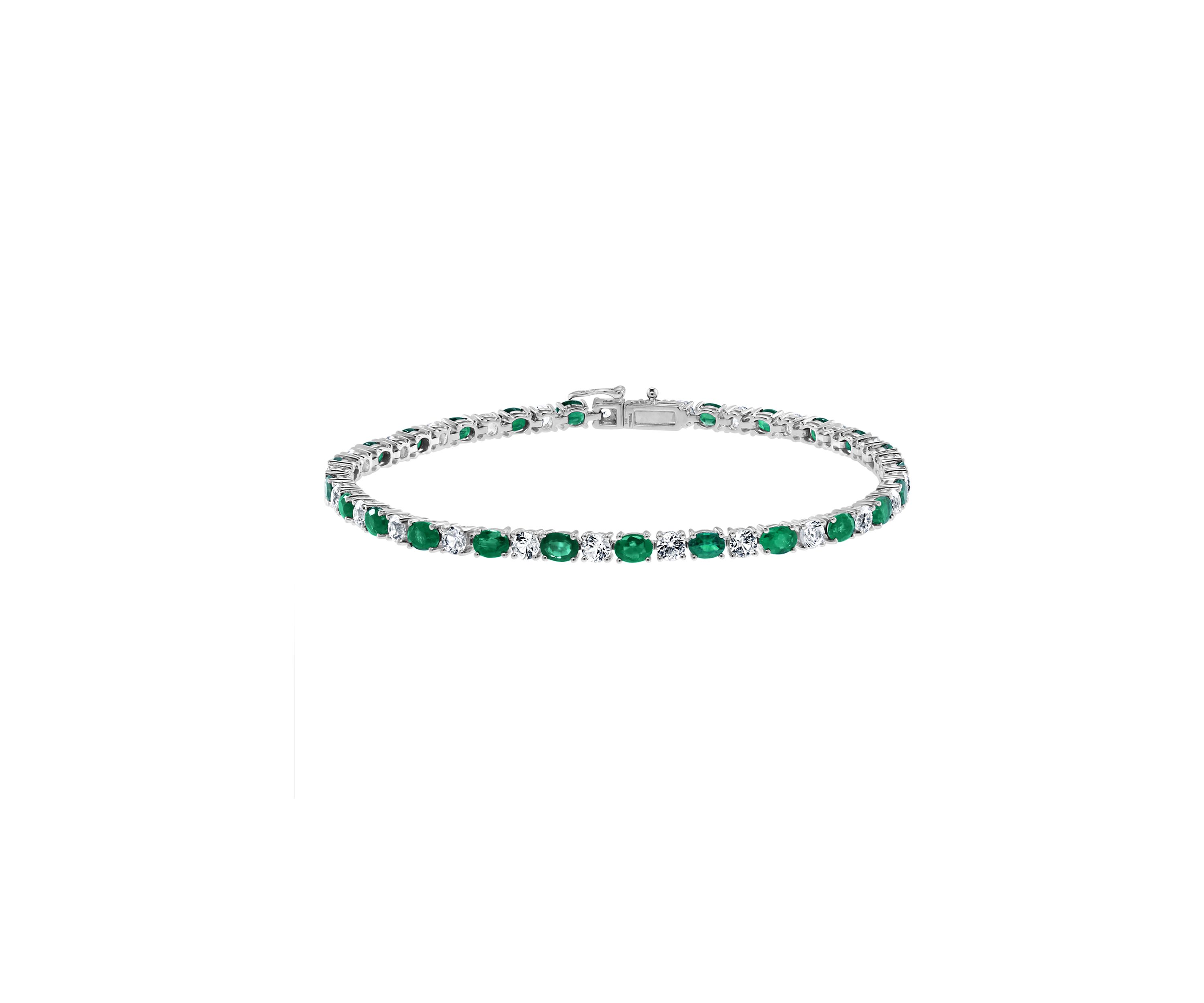Emerald and White Sapphire Bracelet in 14K White Gold