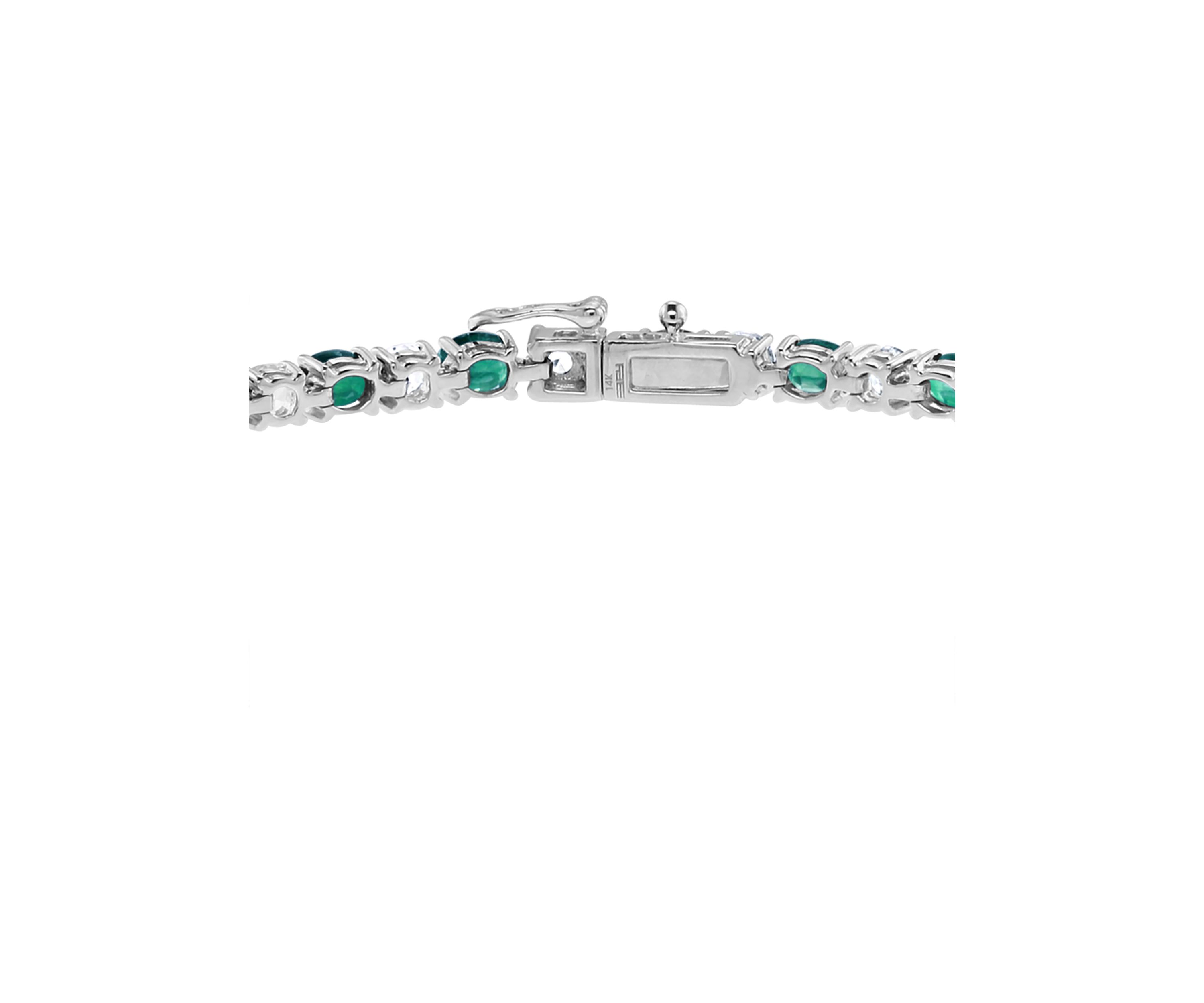 Emerald and White Sapphire Bracelet in 14K White Gold