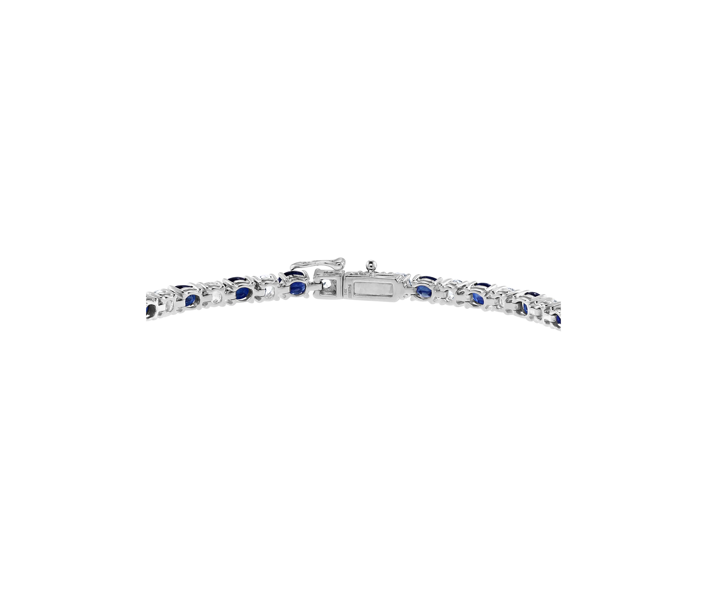 Natural Sapphire, White Sapphire Tennis Bracelet in 14K White Gold 