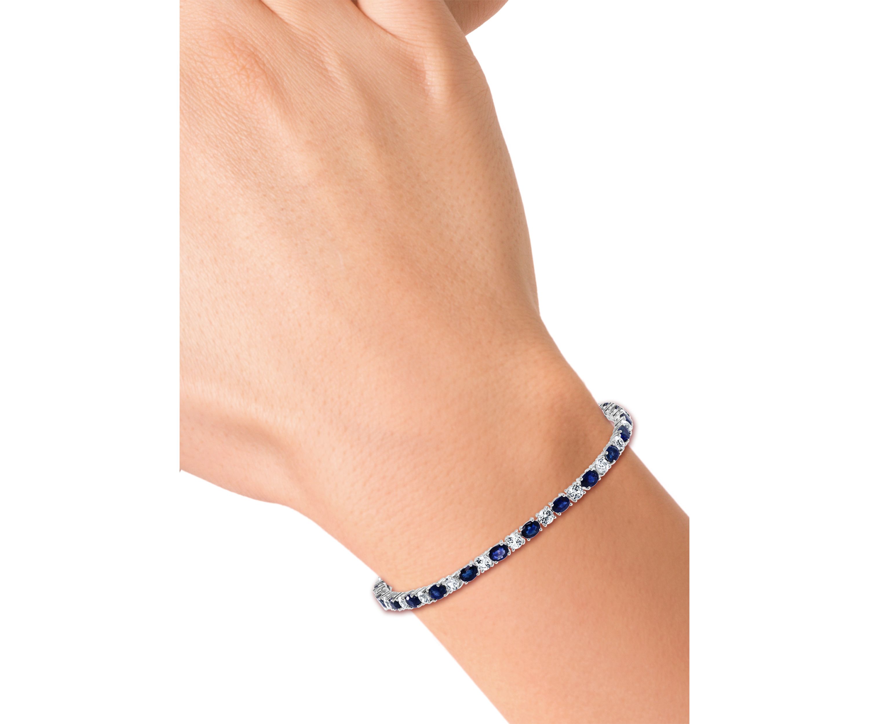 Natural Sapphire, White Sapphire Tennis Bracelet in 14K White Gold 