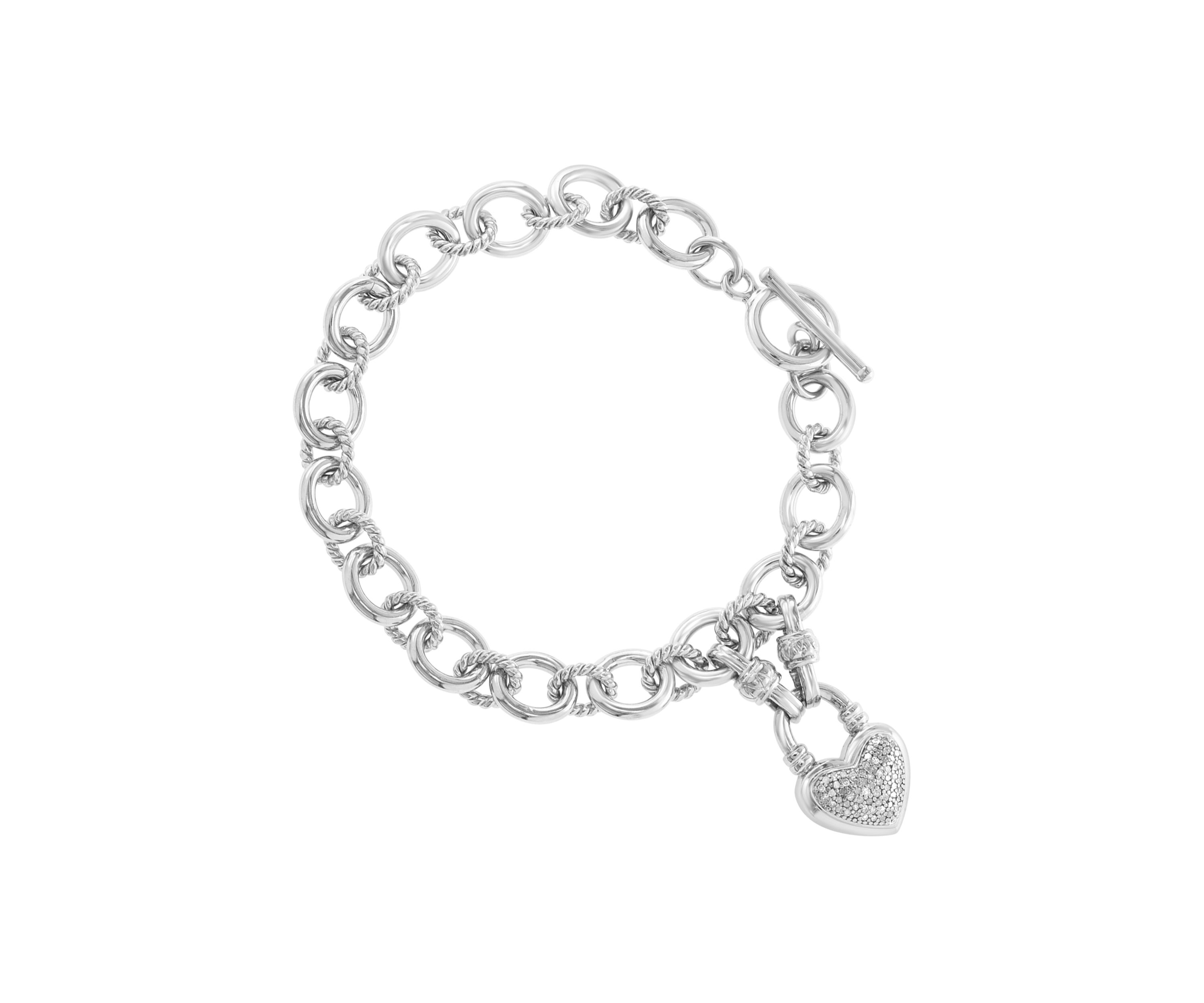 Sterling Silver Diamond Heart Dangle Bracelet 