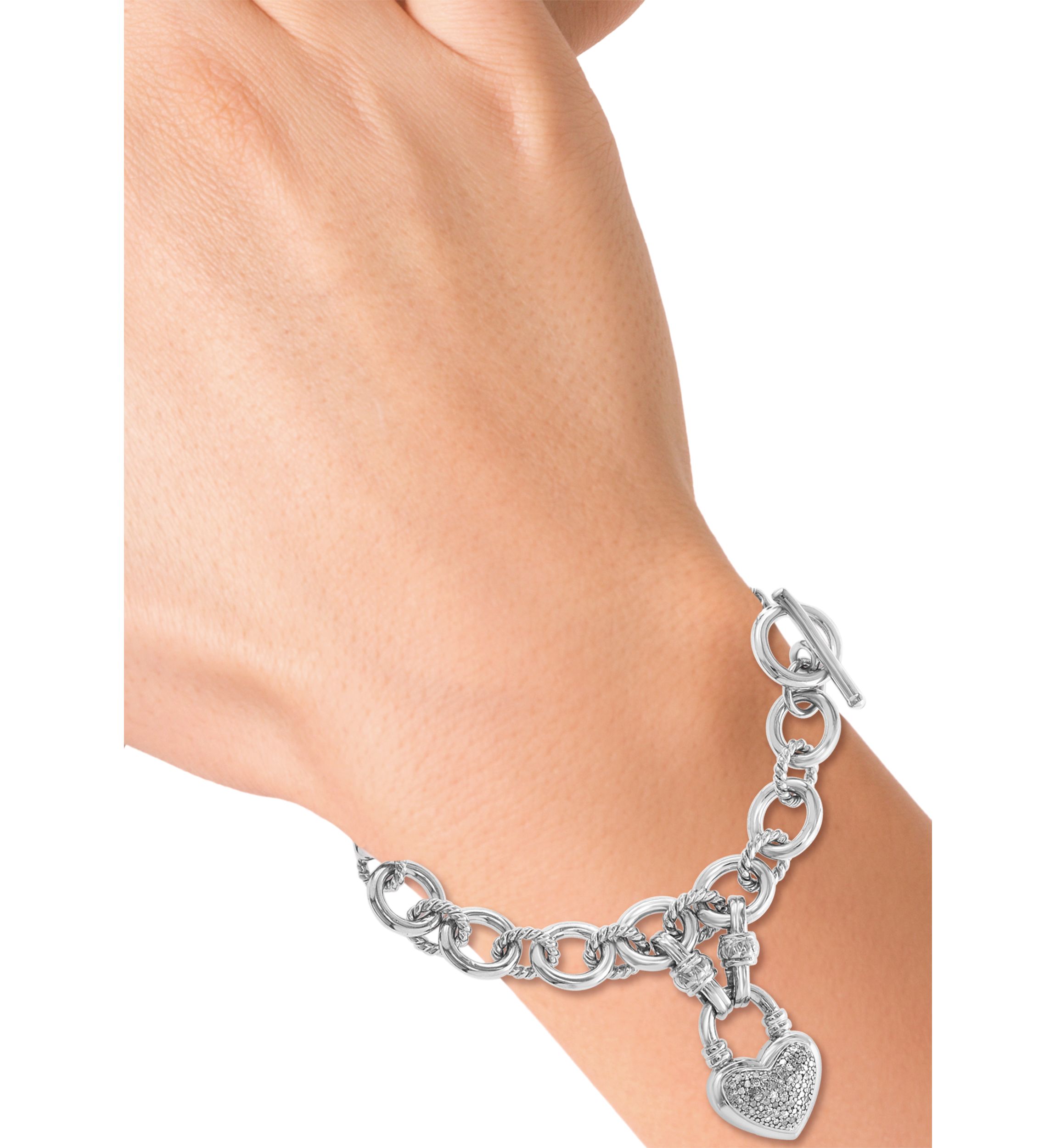 Sterling Silver Diamond Heart Dangle Bracelet 