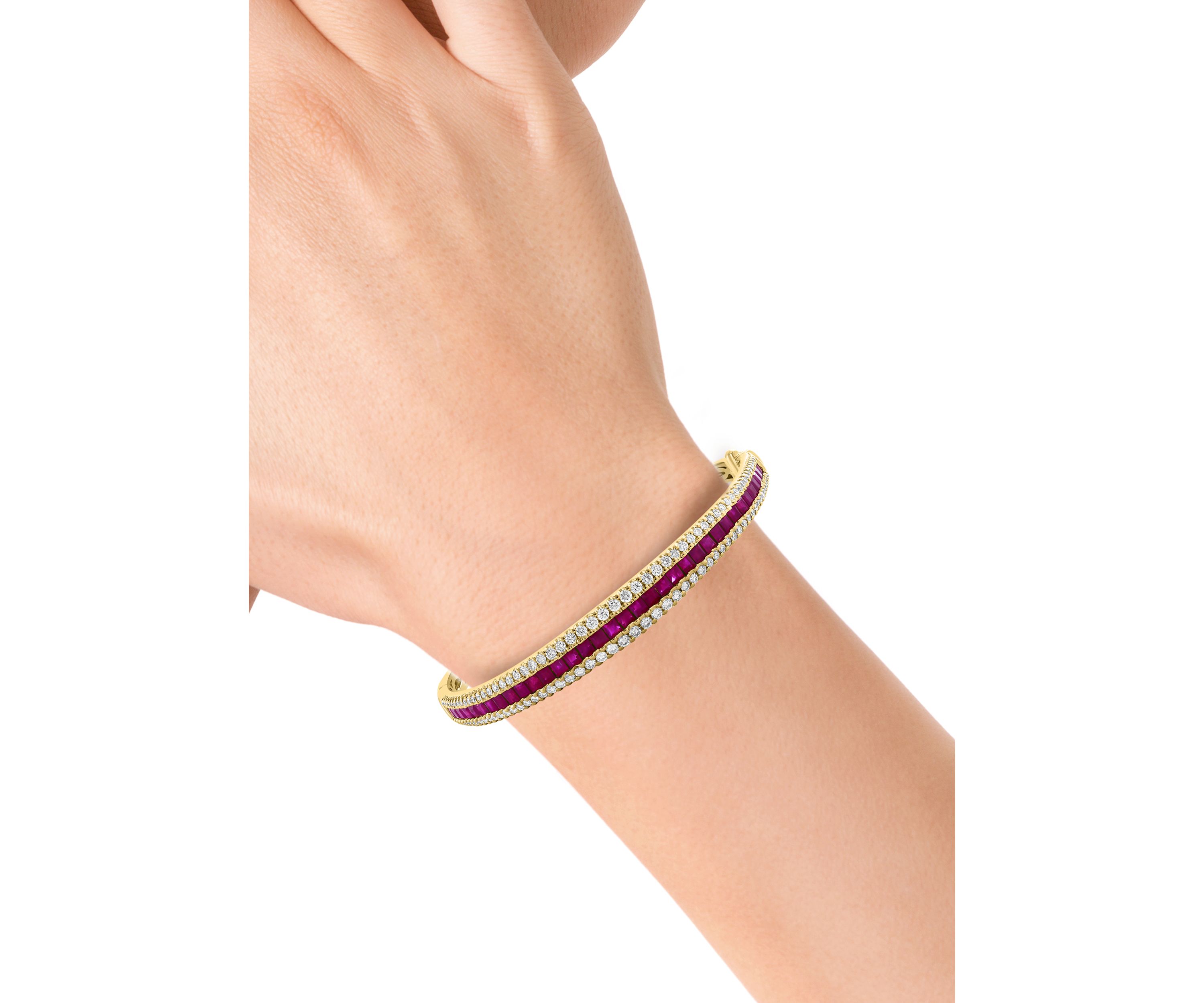 Diamond and Ruby Bangle Bracelet in 14K Yellow Gold