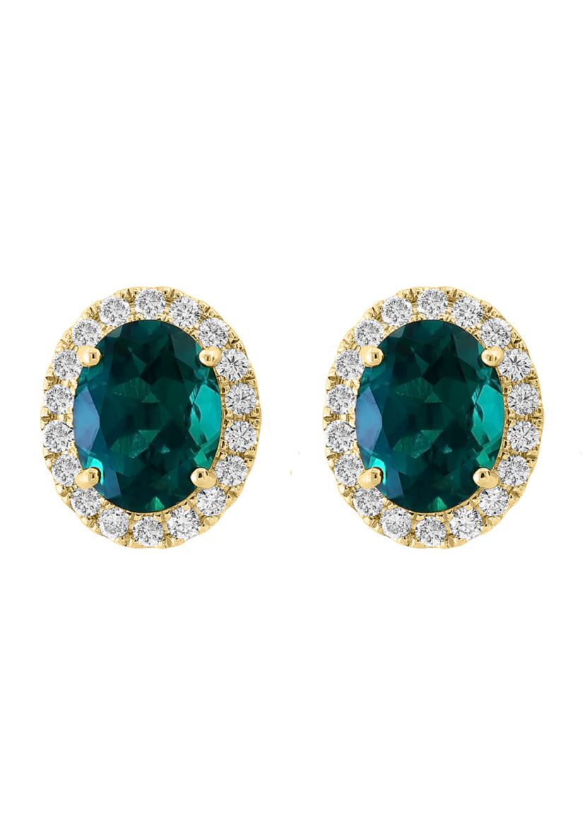 Lab Created Diamond and Emerald Earrings in 14K Yellow Gold
