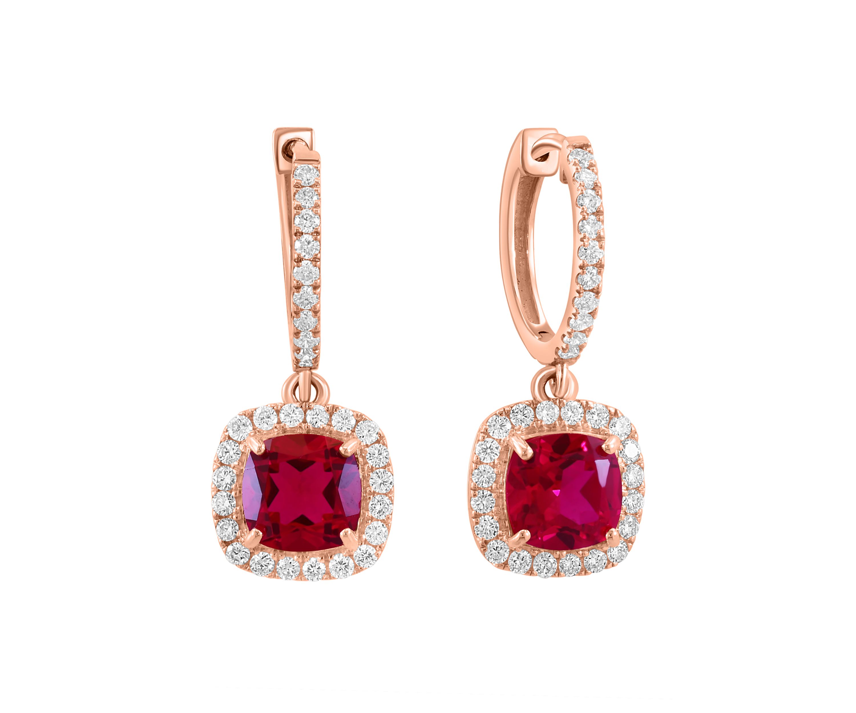 Lab Grown Diamond and Ruby Earrings in 14K Rose Gold