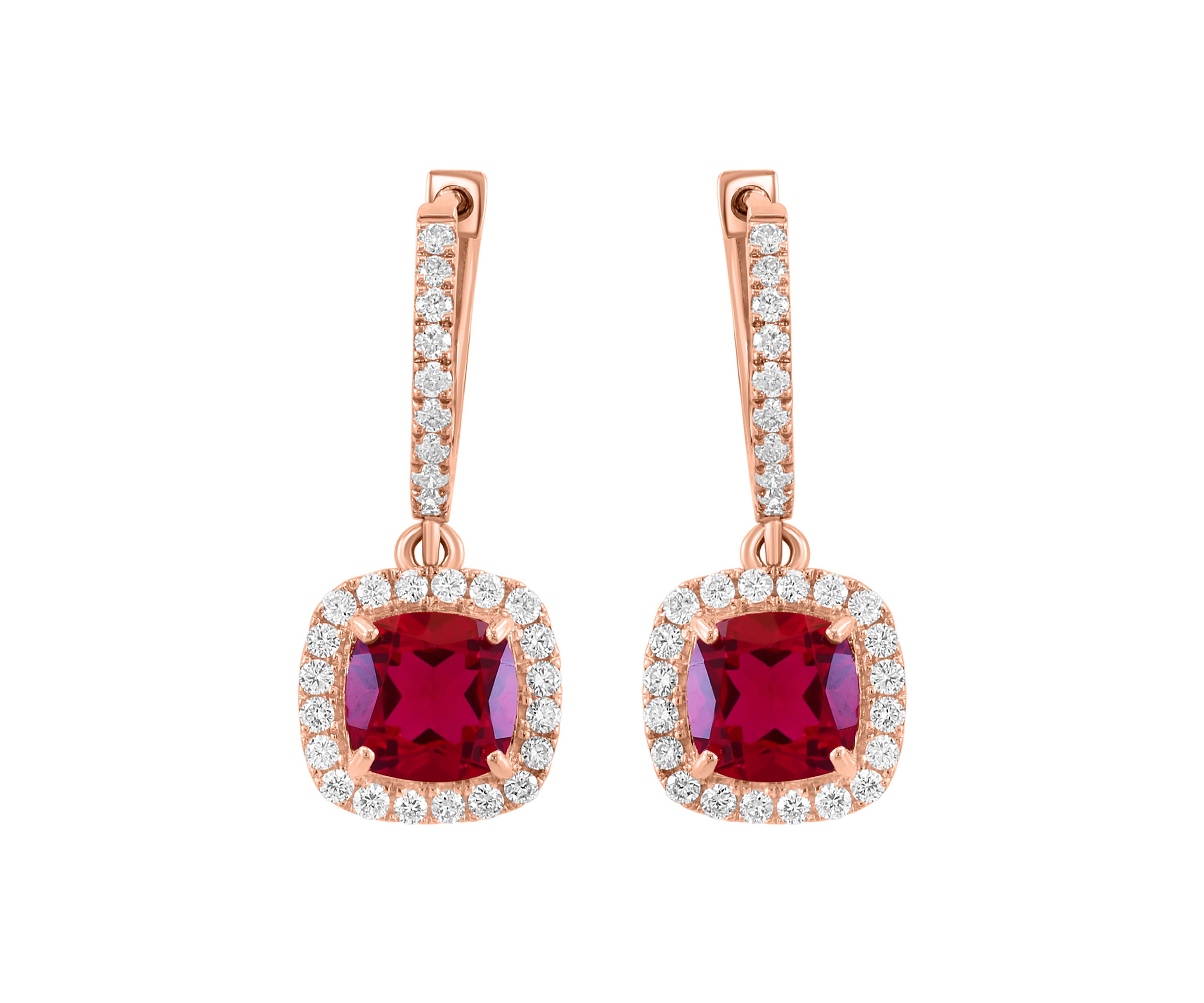 Lab Grown Diamond and Ruby Earrings in 14K Rose Gold