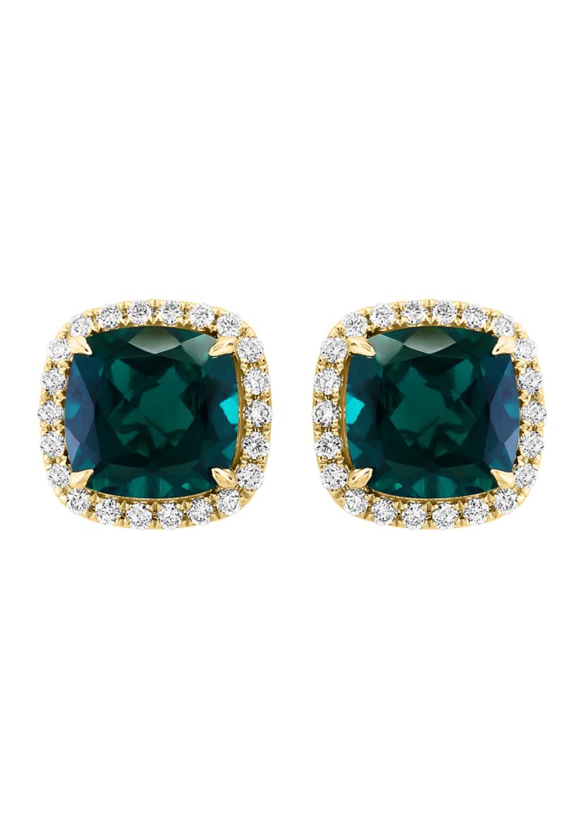 Lab Created Diamond and Emerald Square Earrings in 14K Yellow Gold