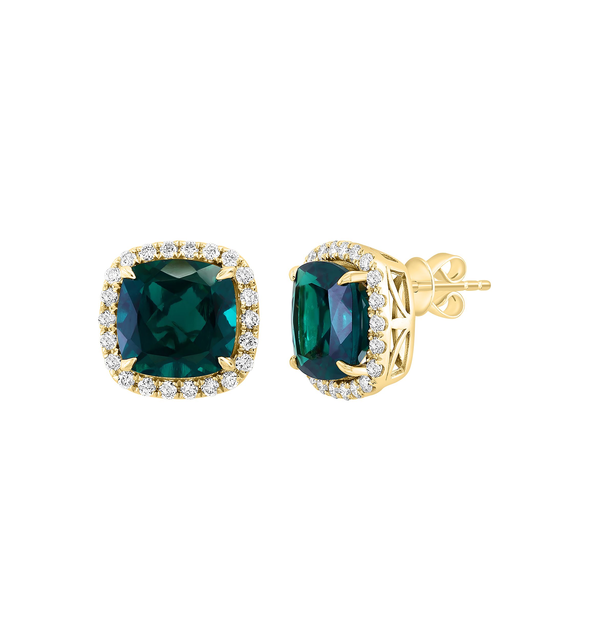 Lab Created Diamond and Emerald Square Earrings in 14K Yellow Gold