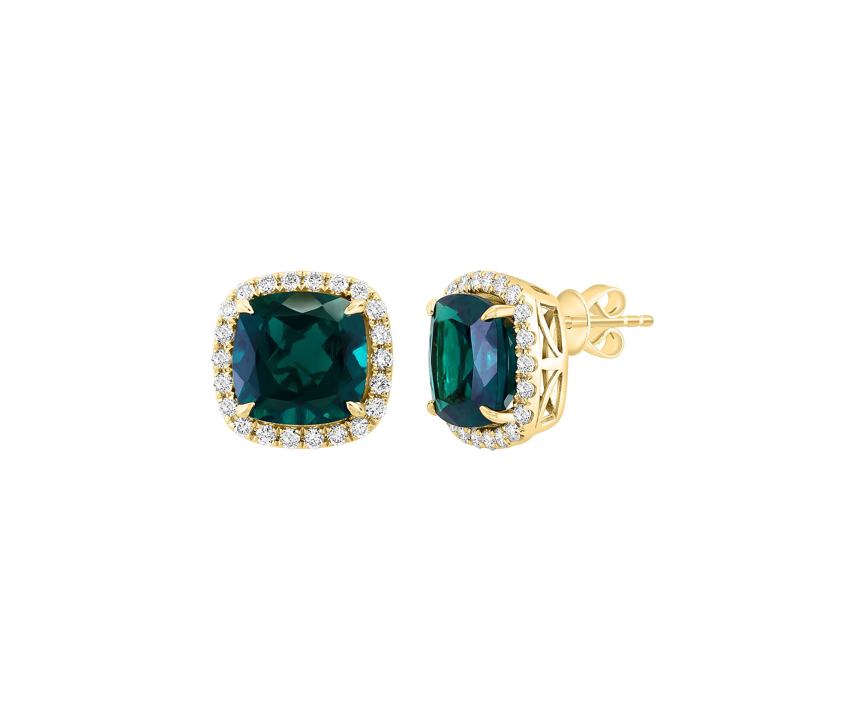 Lab Created Diamond and Emerald Square Earrings in 14K Yellow Gold