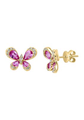 Effy 1/4 Ct. T.w. Diamond And Pink Sapphire Butterfly Stud Earrings In 14K Yellow Gold