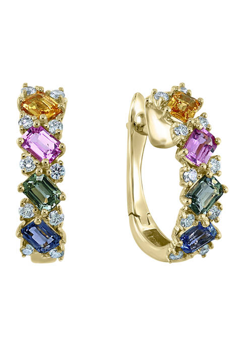 2.15 ct. t.w. Multi Sapphire and 1/3 ct. t.w. Diamond Hoop Earrings in 14K Yellow Gold 