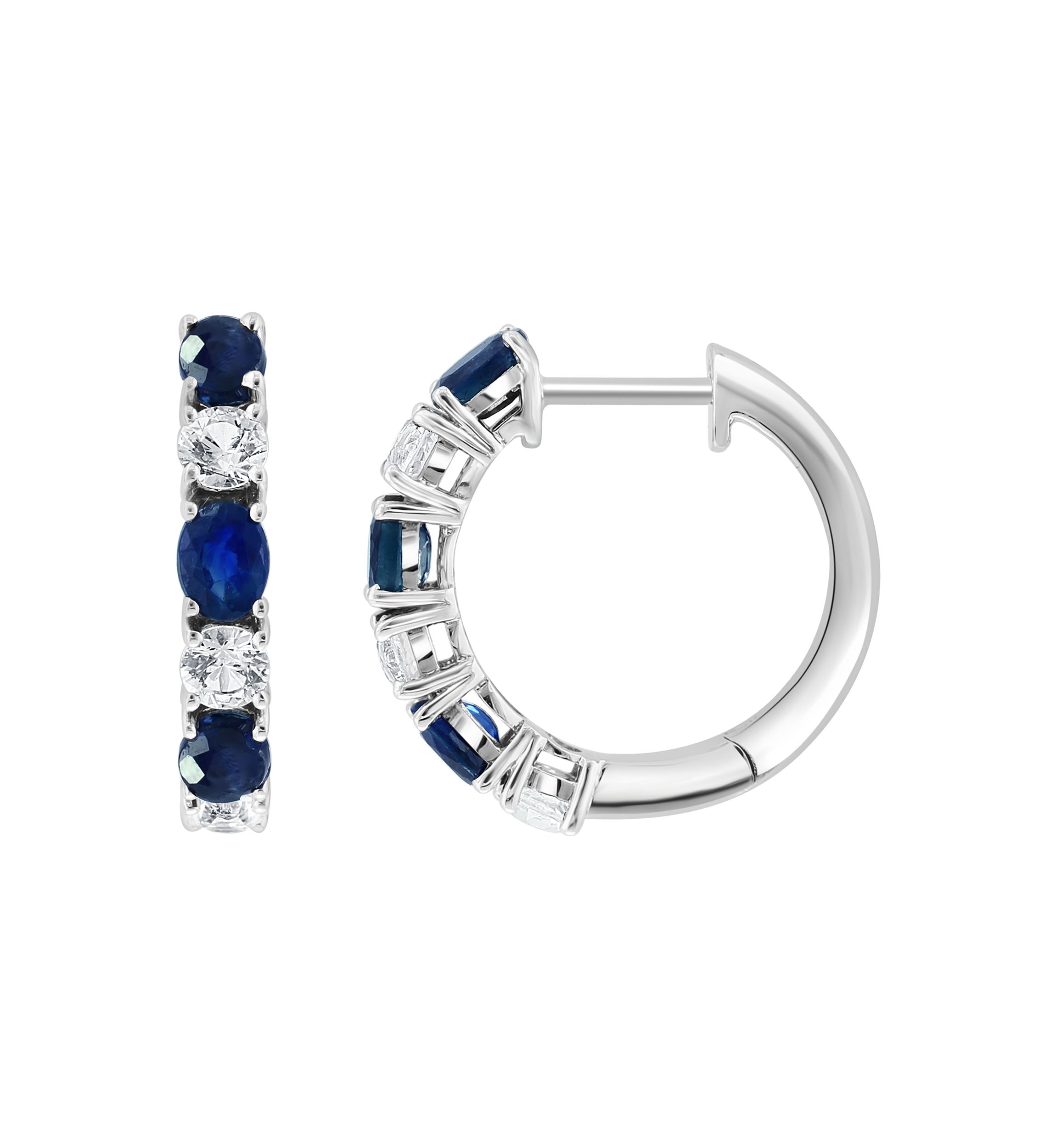 Natural Sapphire, White Sapphire Hoop Earrings in 14K White Gold 