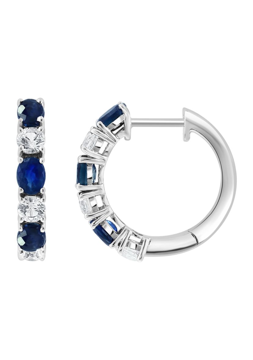 Natural Sapphire, White Sapphire Hoop Earrings in 14K White Gold 