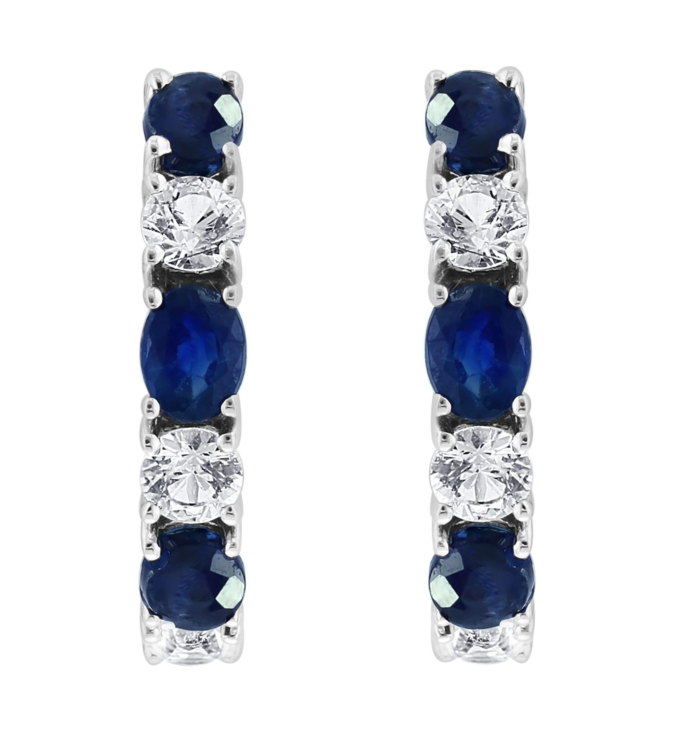 Natural Sapphire, White Sapphire Hoop Earrings in 14K White Gold 
