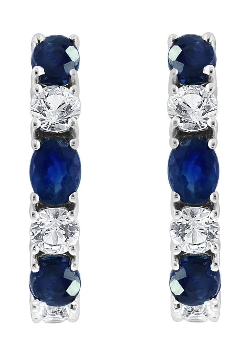 Natural Sapphire, White Sapphire Hoop Earrings in 14K White Gold 