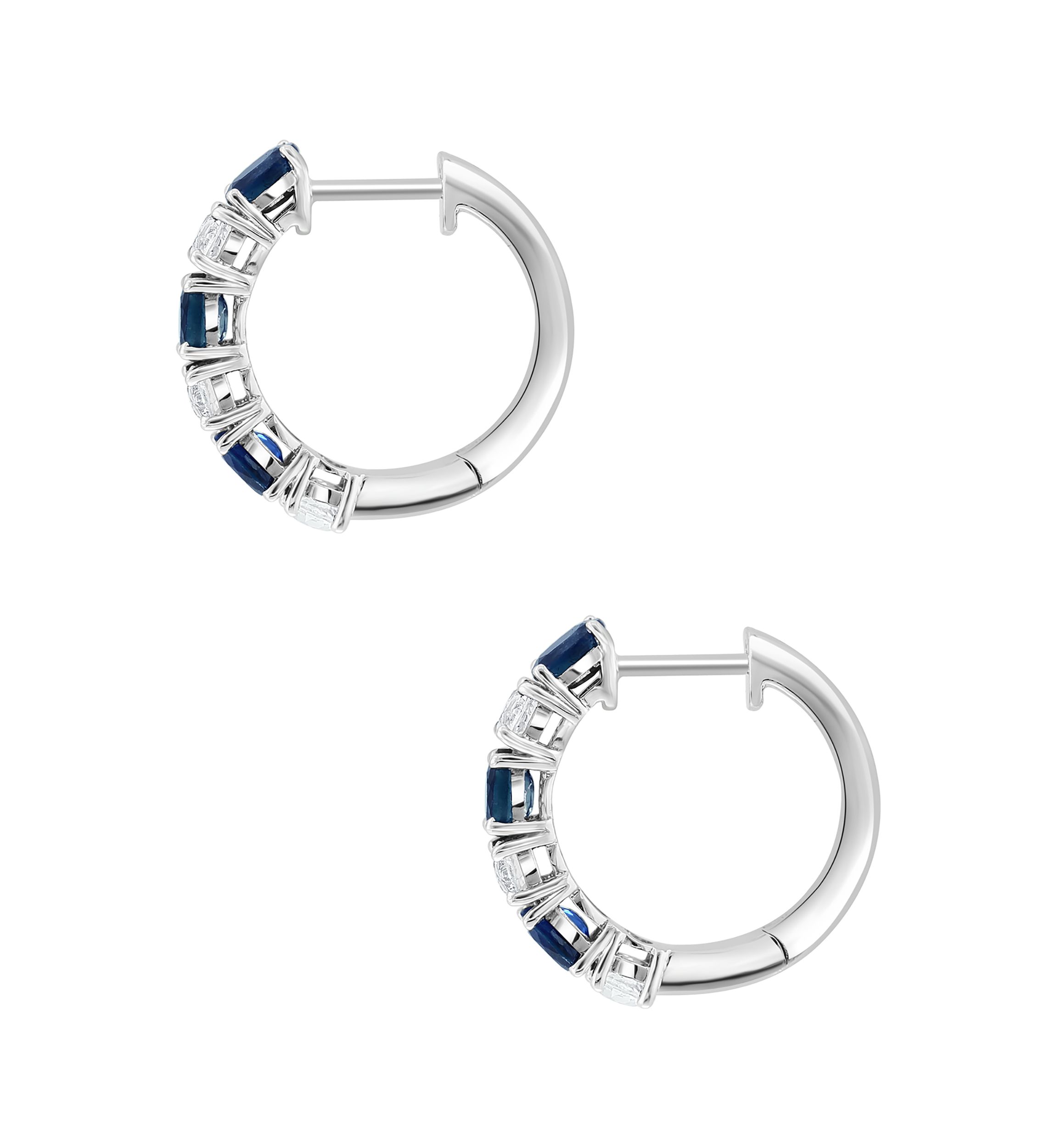 Natural Sapphire, White Sapphire Hoop Earrings in 14K White Gold 