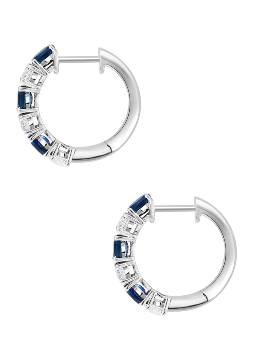 Natural Sapphire, White Sapphire Hoop Earrings in 14K White Gold 
