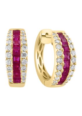 Effy 3/4 ct. t.w. Ruby, 1.67 ct. t.w. Diamond Hoop Earrings in 14K Yellow Gold -  5400452VP0FY09DR4