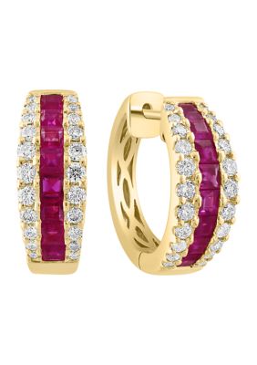 Effy 3/4 Ct. T.w. Ruby, 1.67 Ct. T.w. Diamond Hoop Earrings In 14K Yellow Gold