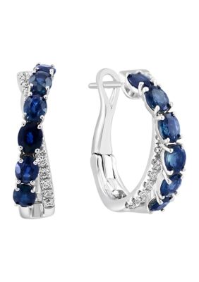 Effy 1/5 Ct. T.w. Diamond And Natural Sapphire Hoop Earrings In 14K White Gold