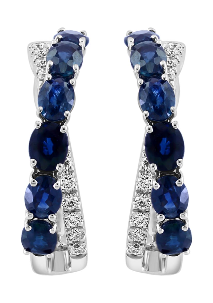 1/5 ct. t.w. Diamond and Natural Sapphire Hoop Earrings in 14K White Gold