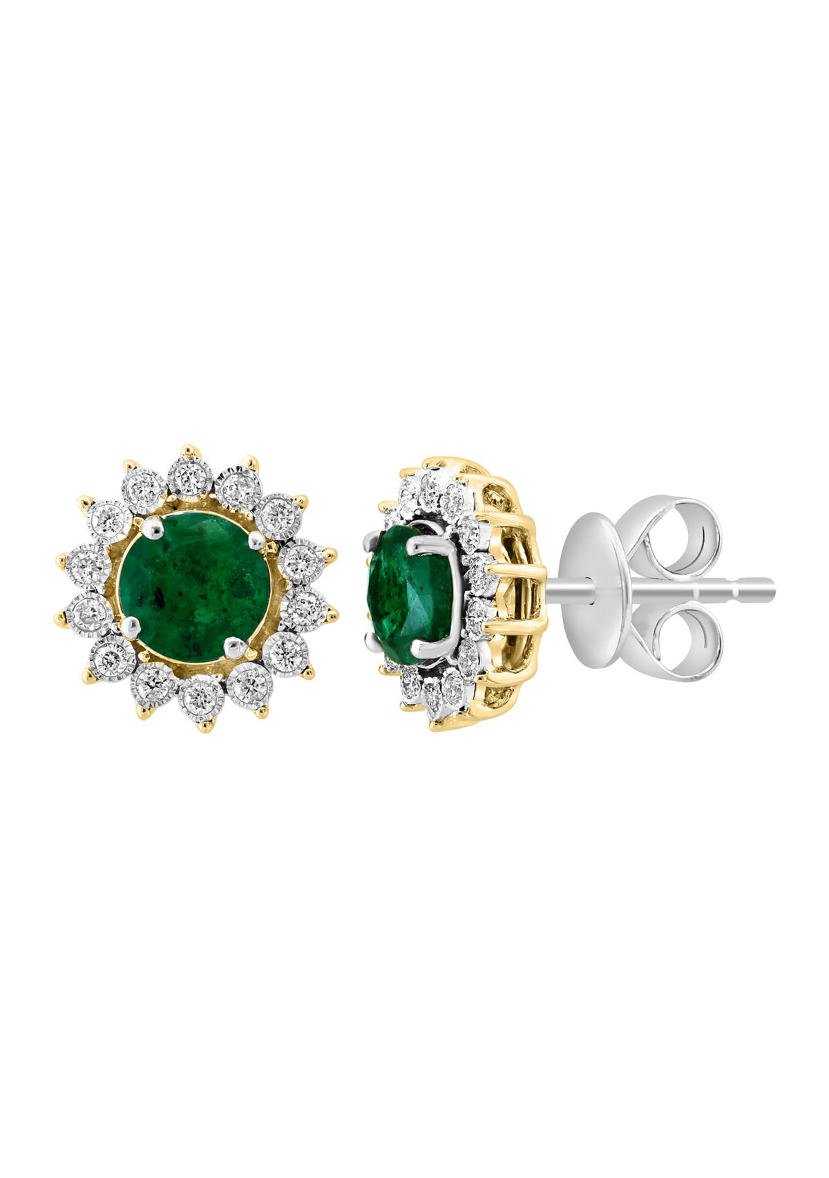 Miracle Set Diamond and Natural Emerald Earrings in 14K White and Yellow Gold