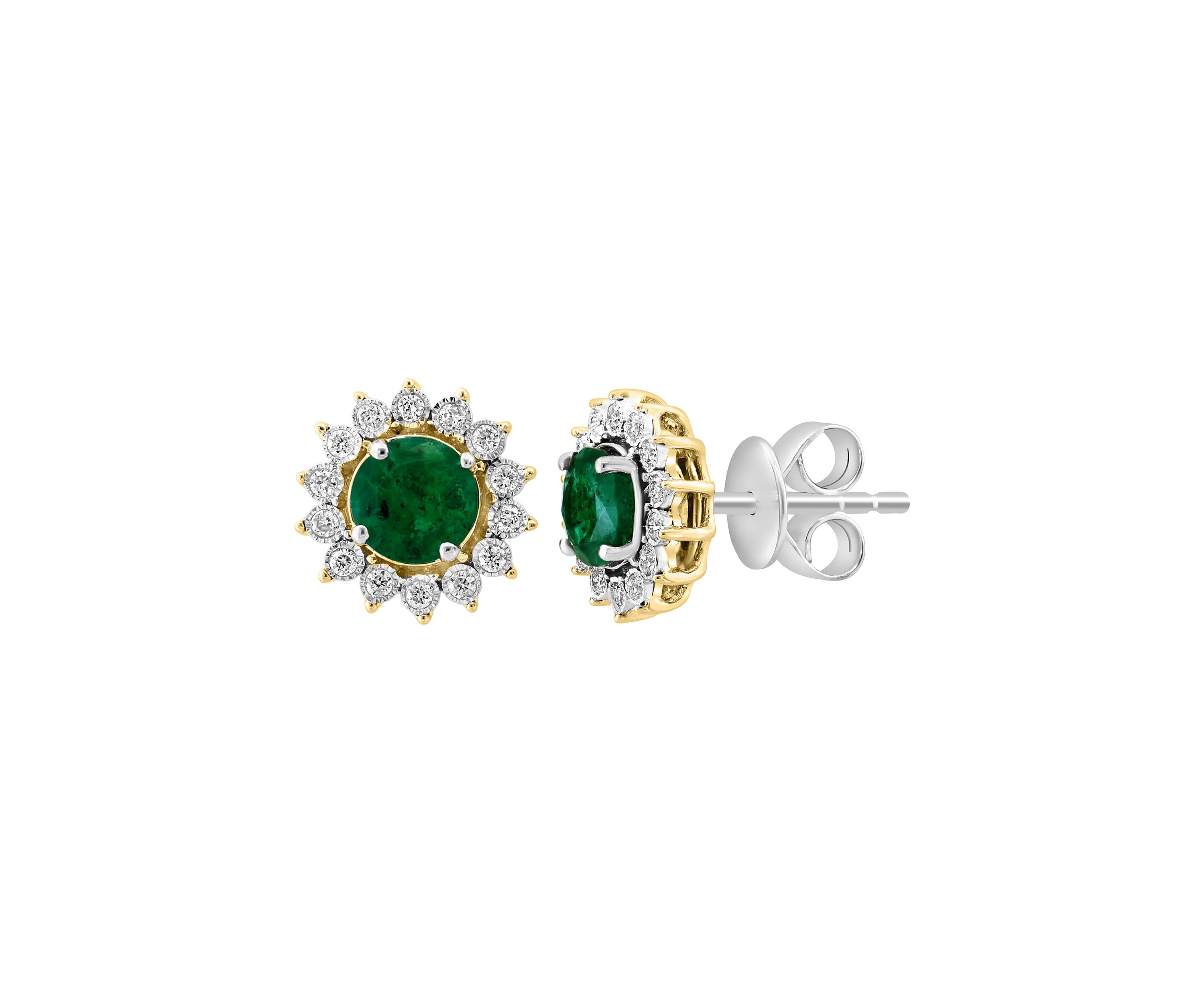 Miracle Set Diamond and Natural Emerald Earrings in 14K White and Yellow Gold