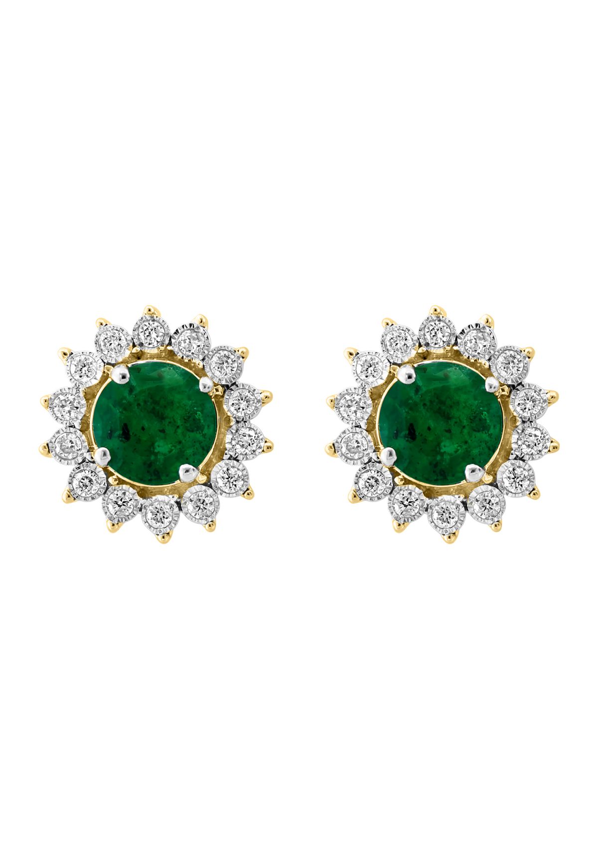 Miracle Set Diamond and Natural Emerald Earrings in 14K White and Yellow Gold