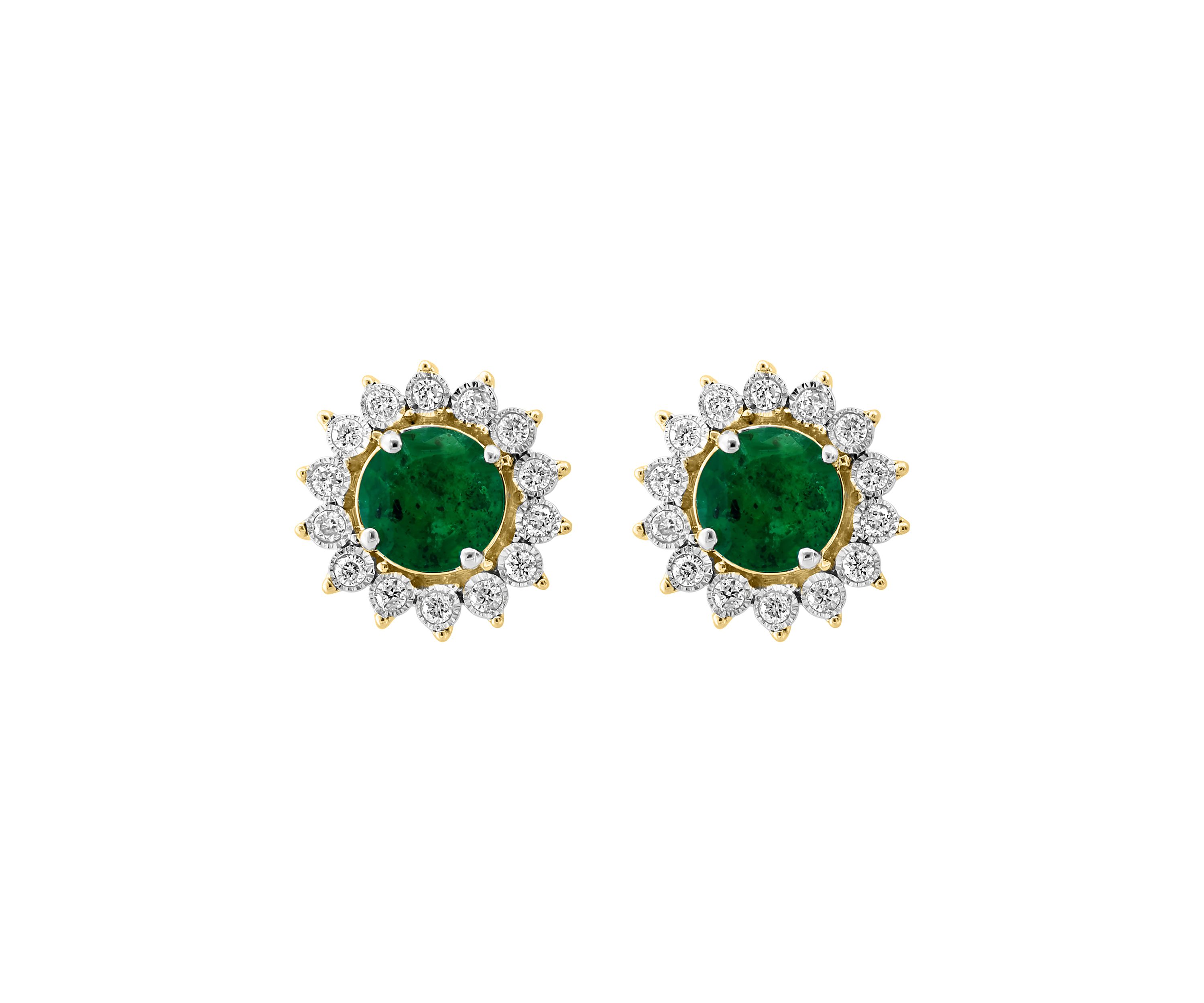 Miracle Set Diamond and Natural Emerald Earrings in 14K White and Yellow Gold