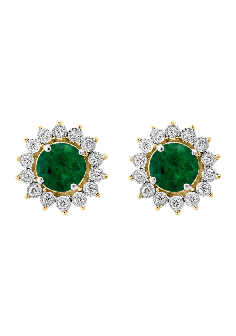 Miracle Set Diamond and Natural Emerald Earrings in 14K White and Yellow Gold
