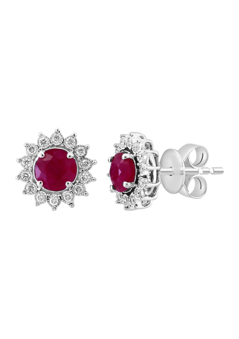 Miracle Set Diamond and Natural Ruby Earrings in 14K White Gold