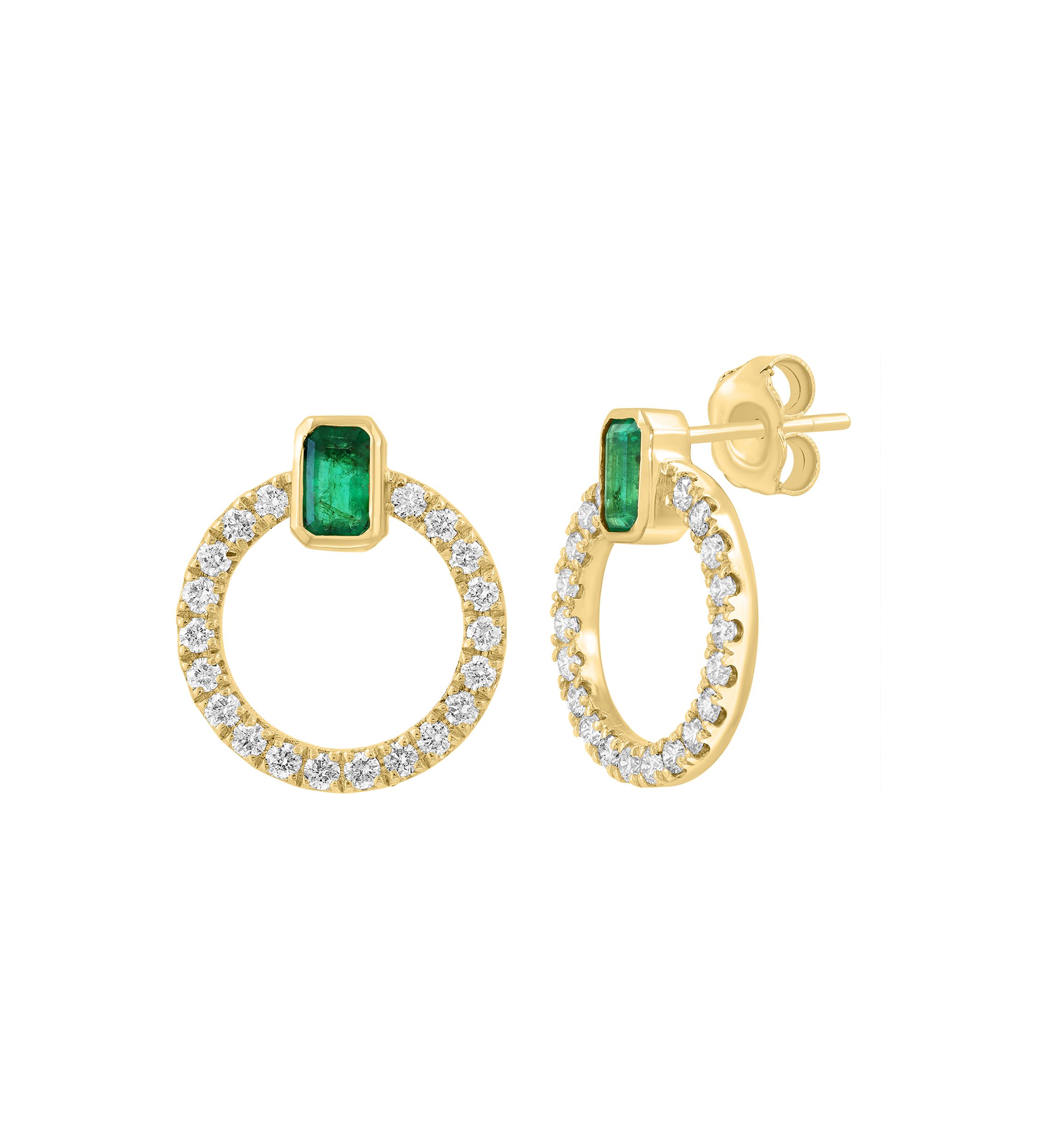 14K Yellow Gold Diamond, Natural Emerald Earrings 