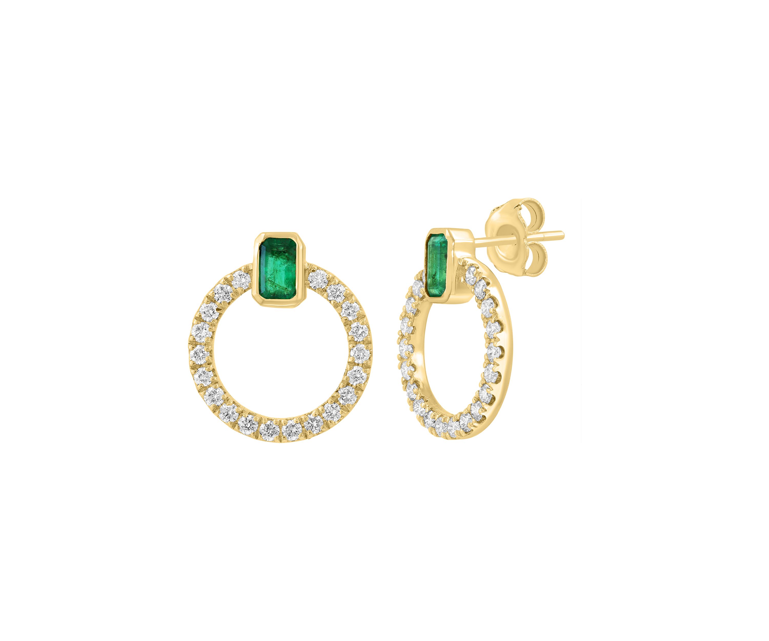 14K Yellow Gold Diamond, Natural Emerald Earrings 