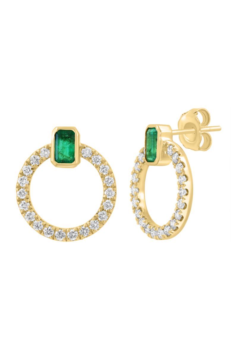 14K Yellow Gold Diamond, Natural Emerald Earrings 