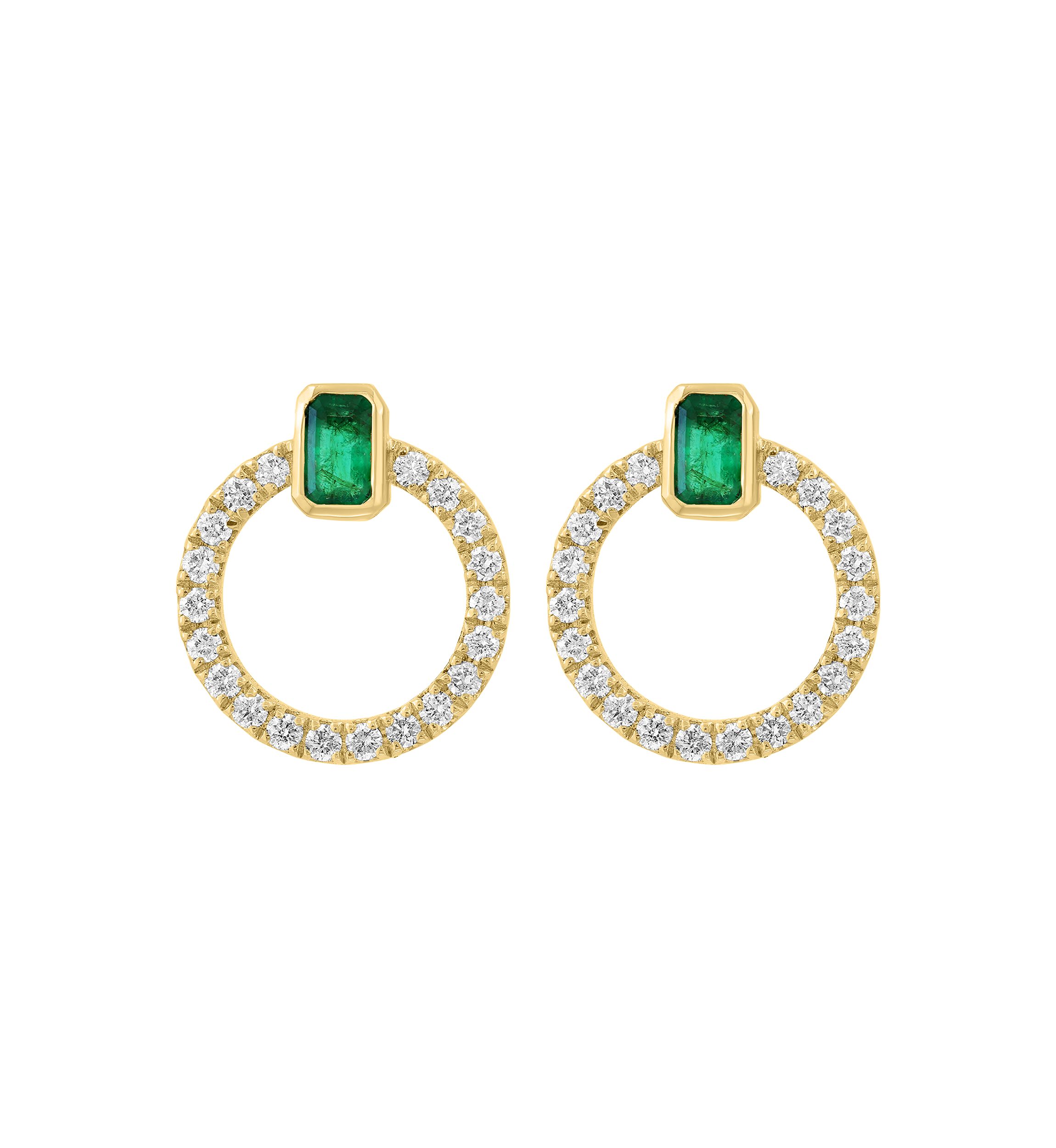 14K Yellow Gold Diamond, Natural Emerald Earrings 