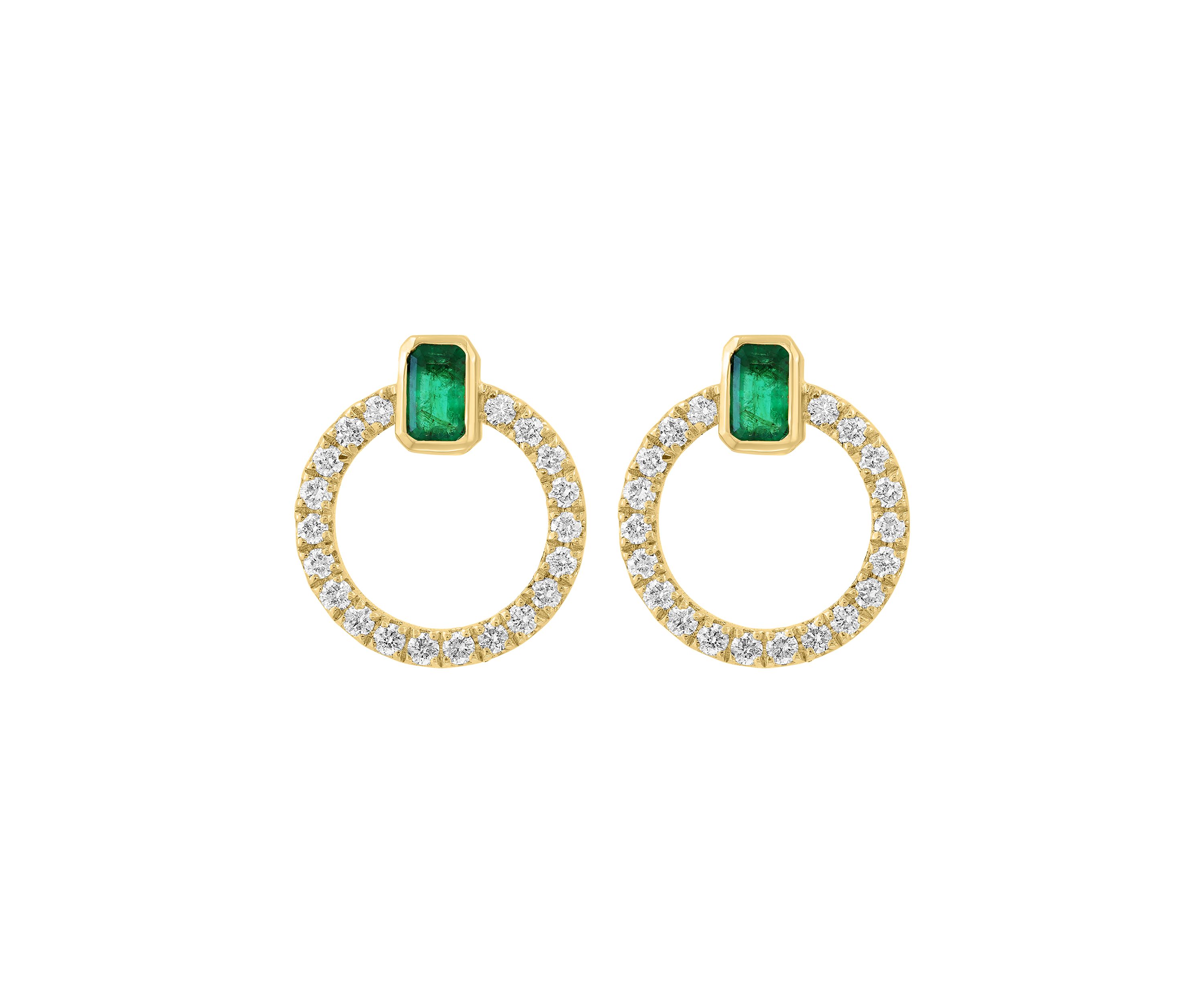 14K Yellow Gold Diamond, Natural Emerald Earrings 