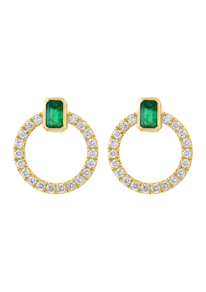 14K Yellow Gold Diamond, Natural Emerald Earrings 