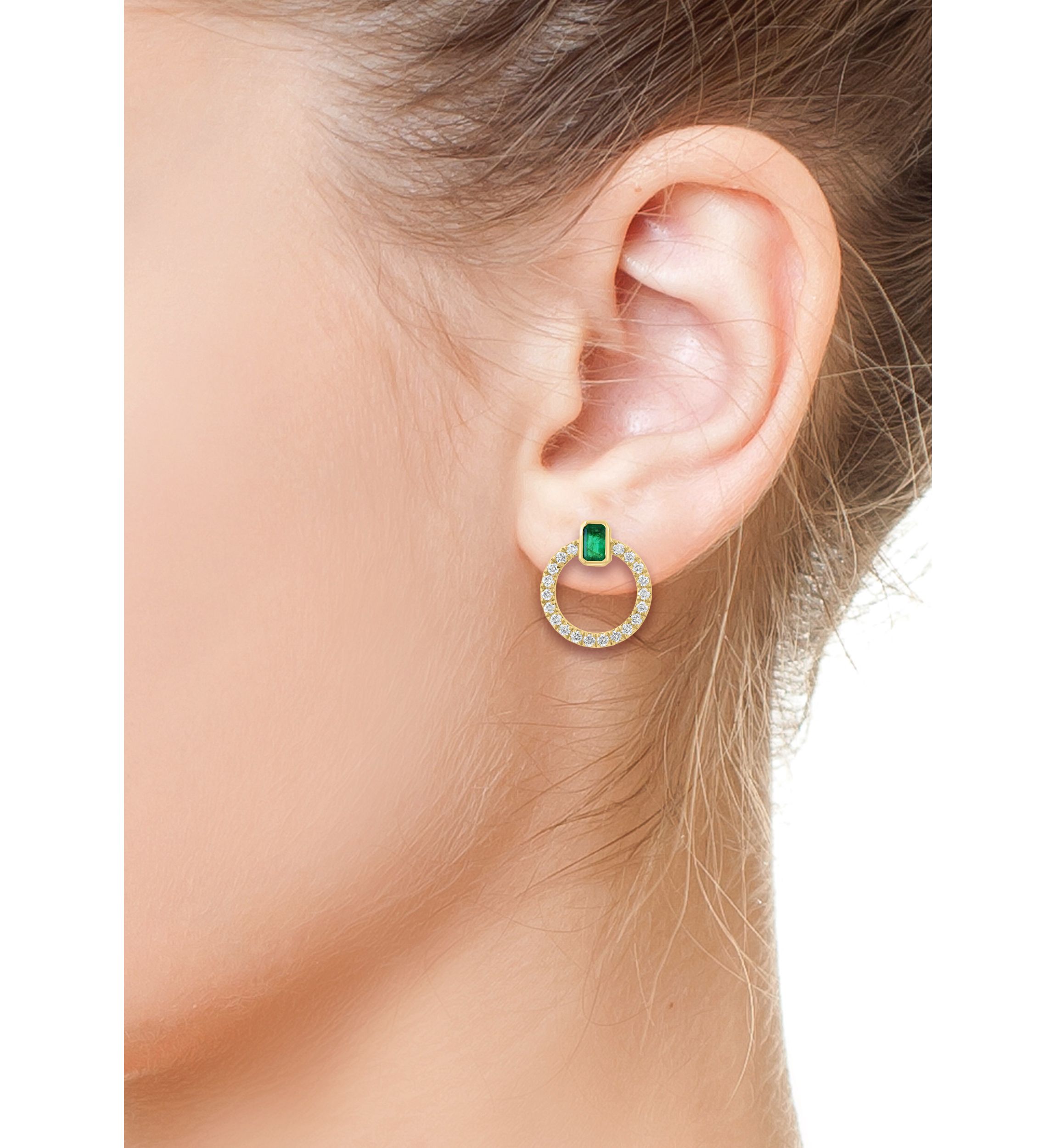 14K Yellow Gold Diamond, Natural Emerald Earrings 